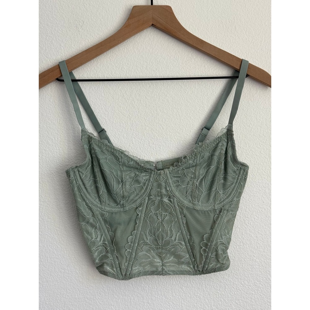 Gilly Hicks Lace Corset Top M Sage Green Boho Y2K Mesh Bustier Camisole Festival
